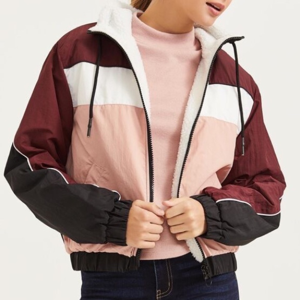 2/$30 Sherpa Lined Colorblock Windbreaker Cropped Oversized High Pile Fleece